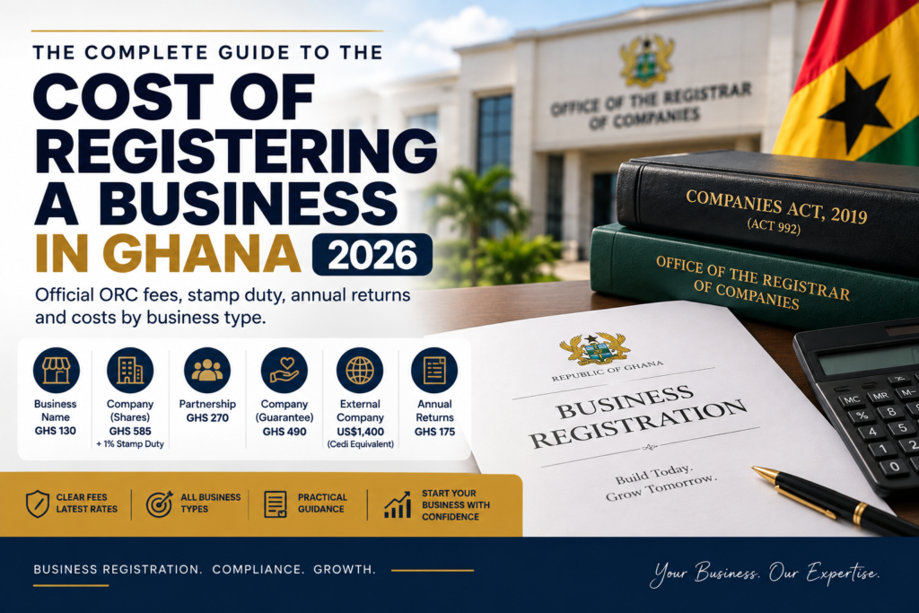 Cost of registering a business in Ghana in 2026 showing ORC fees and business registration documents