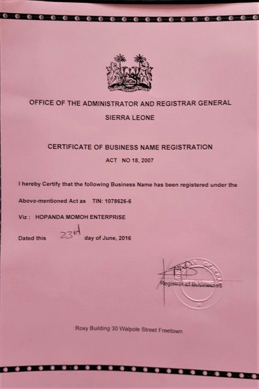 Starting a business in Sierra Leone-image of a business registration cetificate