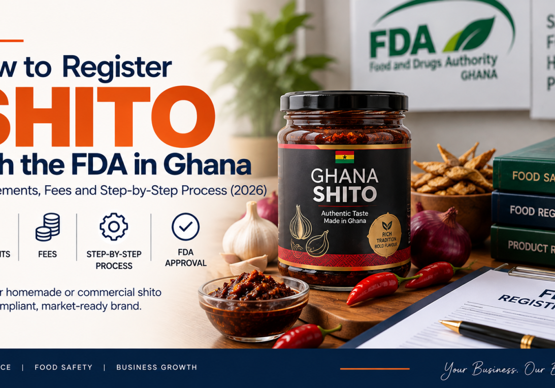 How to register shito with FDA in Ghana showing packaged Ghanaian shito and FDA registration process