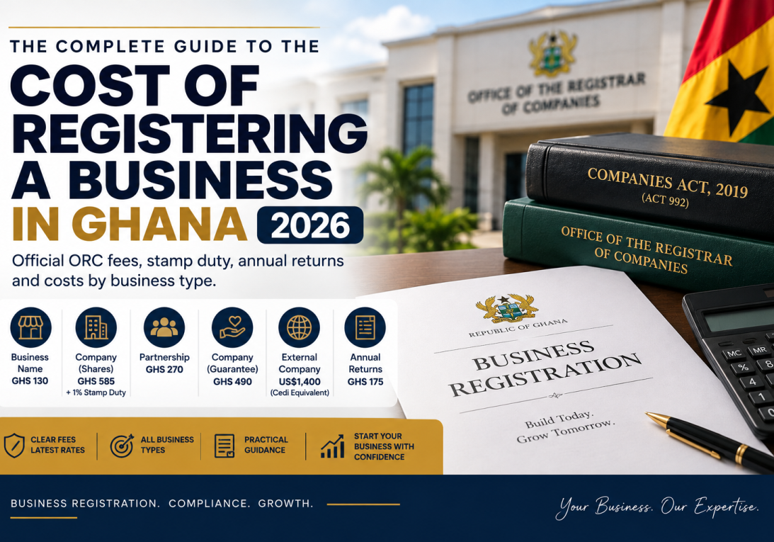 Cost of registering a business in Ghana in 2026 showing ORC fees and business registration documents