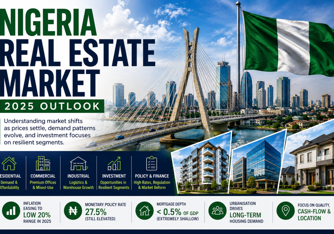 Nigeria real estate market outlook showing Lagos skyline, Nigerian flag, major bridge, residential and commercial properties